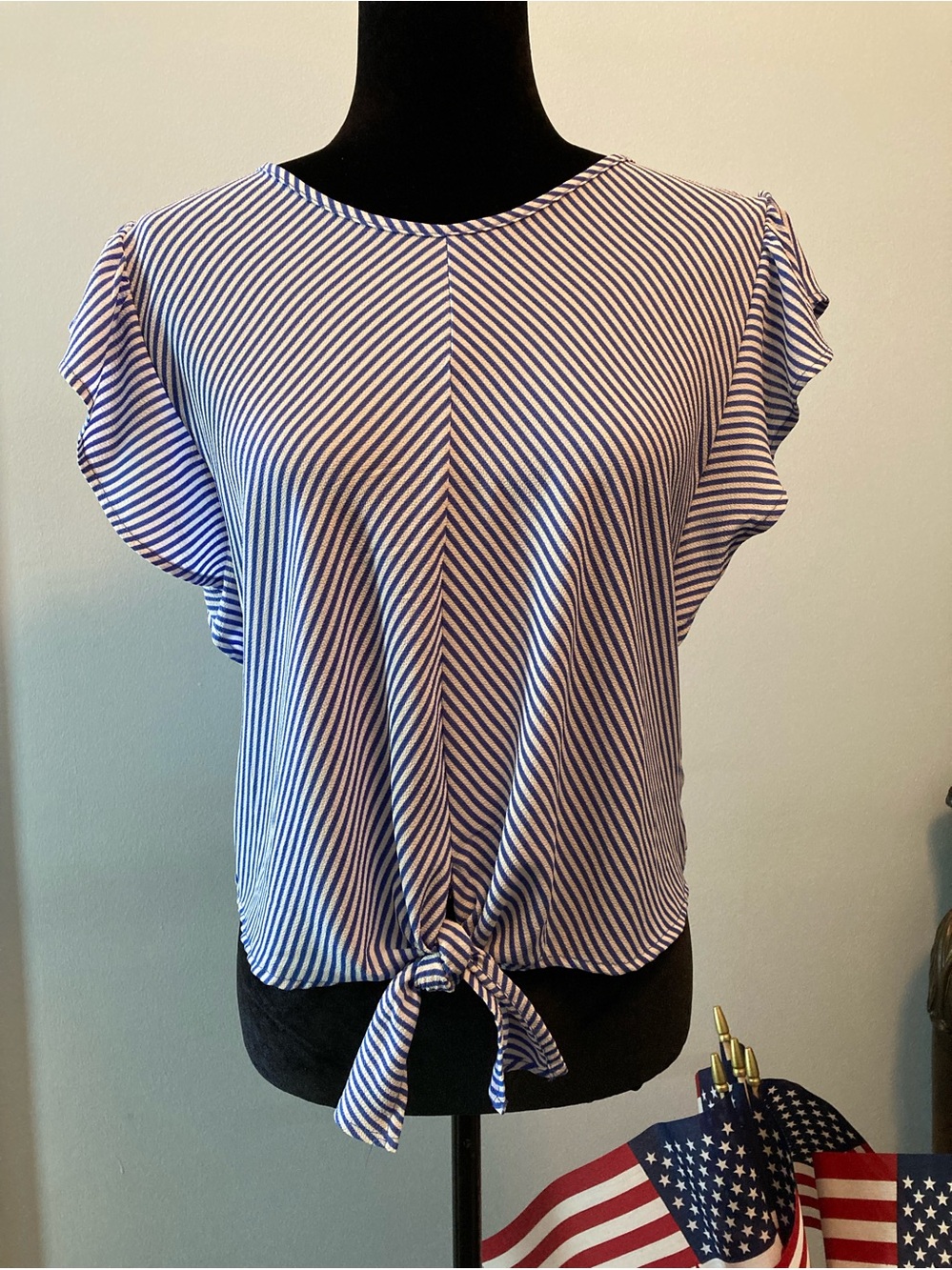Patriotic Blue & White Diagonal Stripe Tie-Waist Top Summer July 4th monteau